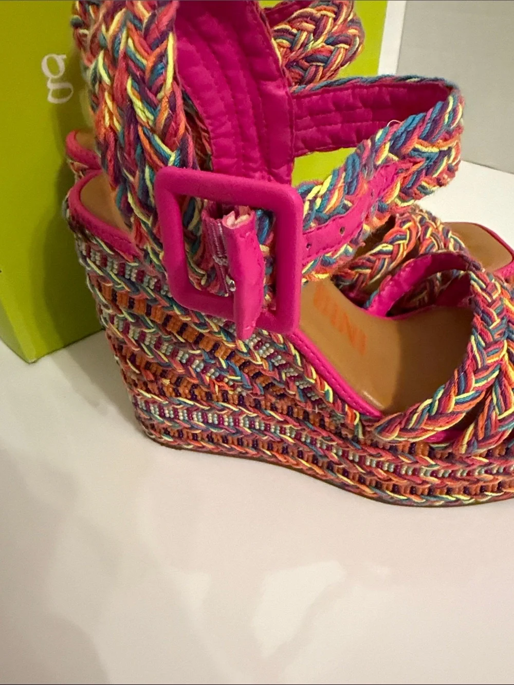Gianni Bini Santi Multicolor Braided Wedge Sandals - Hot Pink Trim 6M